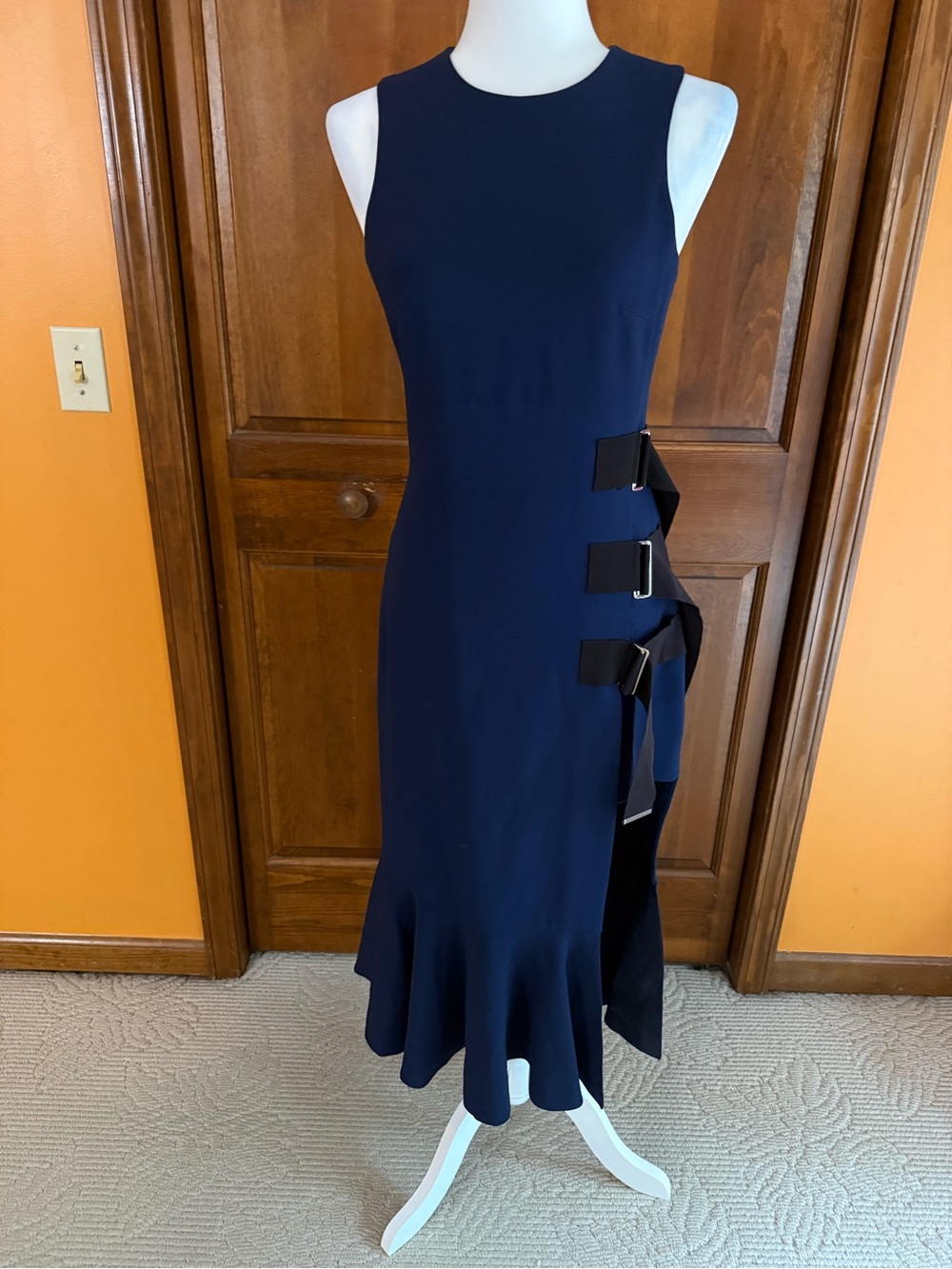 David Koma Sleeveless Navy Midi Dress with Side Buckle Detail